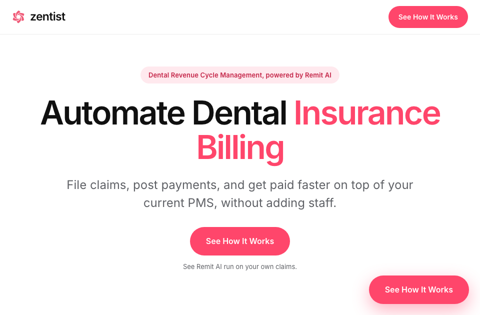 Real Zentist paid landing page with its dental insurance billing headline