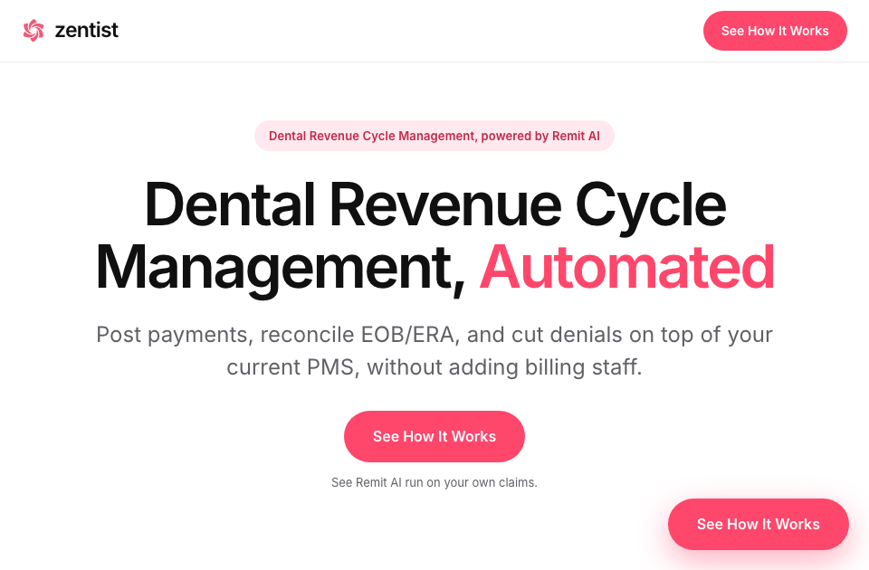 Real Zentist paid landing page with its dental revenue-cycle headline