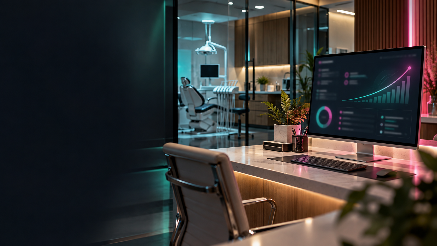 Illustration of a dental office and growth dashboard